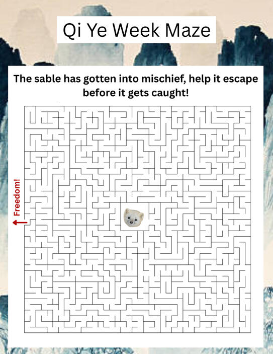 A card bordered with golden brown and blue Chinese watercolor-style painting. It’s titled “Qi Ye Week Maze”. The instructions say: “The sable has gotten into mischief, help it escape before it gets caught!” At the center of the maze in a little box is a pi